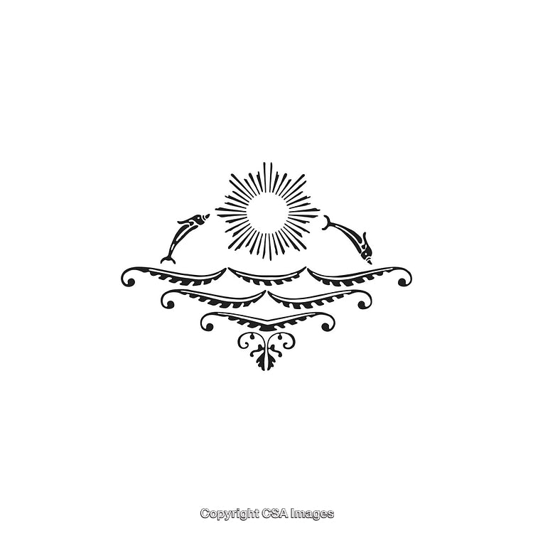 Elegant Black and White Decorative Sun Wave Design With Dolphins