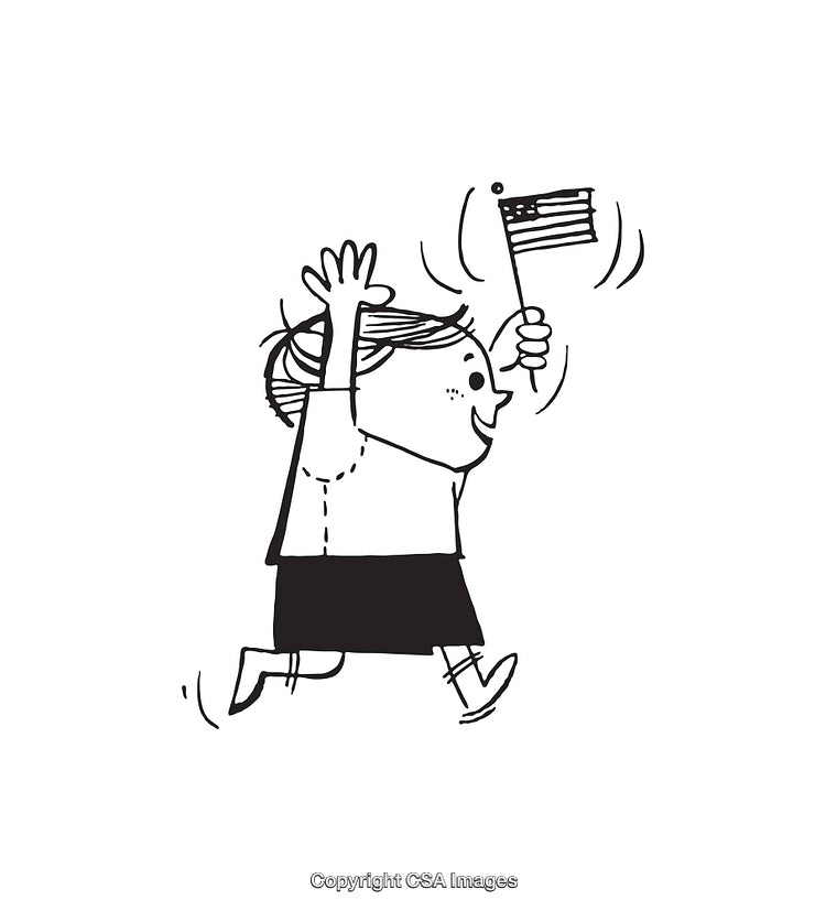 Cheerful Child Waving a Flag Running in Black and White Line Art