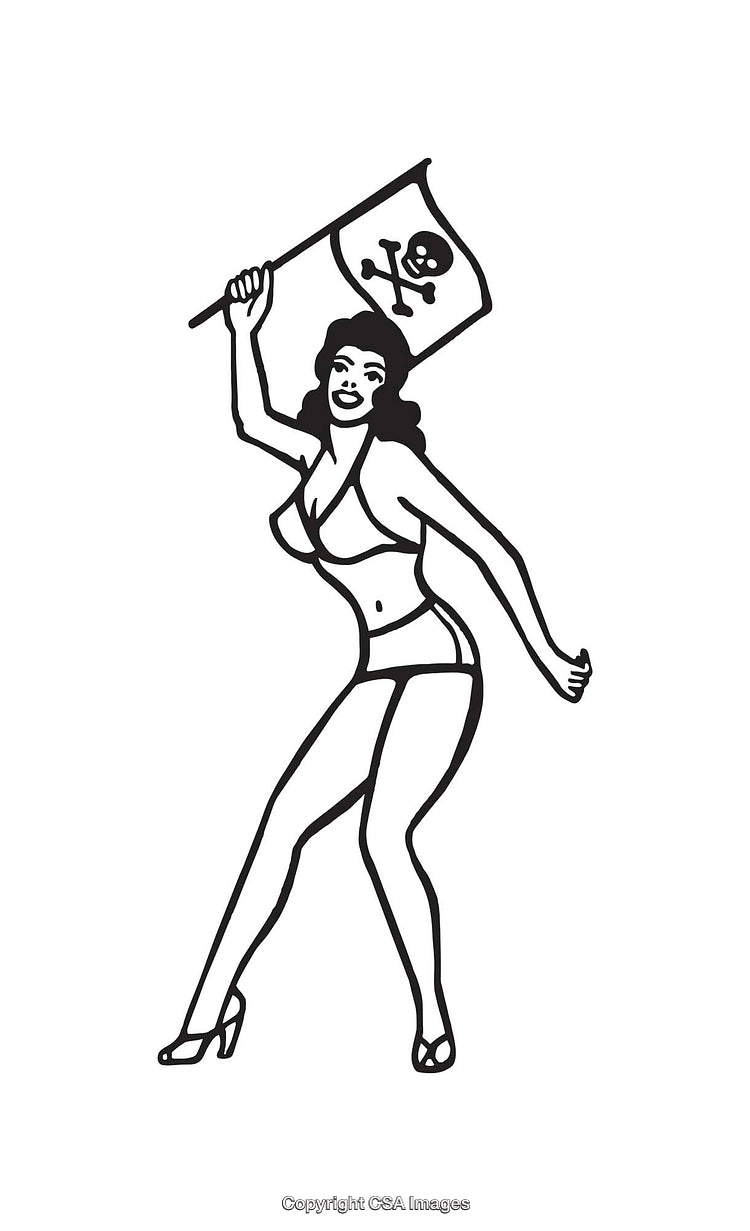 Vintage Pirate-Themed Pin-Up Girl with Skull and Crossbones Flag Line Art