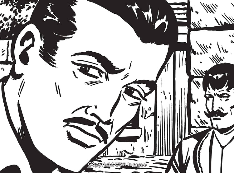 Retro Comic Style Illustration Featuring Two Men in Thoughtful Perspective