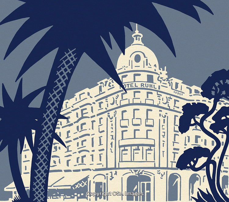 Illustrated Architectural Scene Featuring Iconic Hotel Facade with Palm Tree Silhouettes