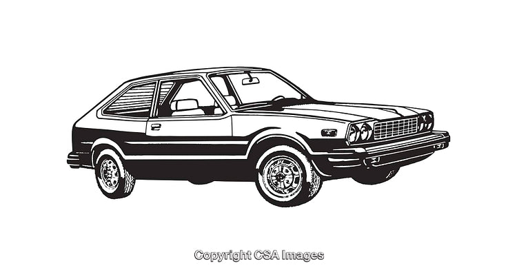 Black and White Line Art Illustration of a Vintage Compact Car