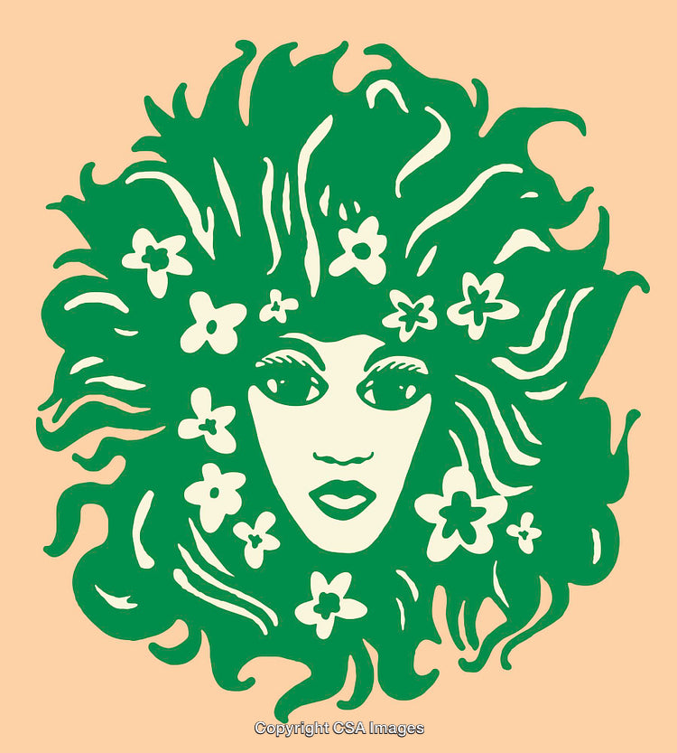 Illustration of a Woman's Face Surrounded by Floral Hair Design