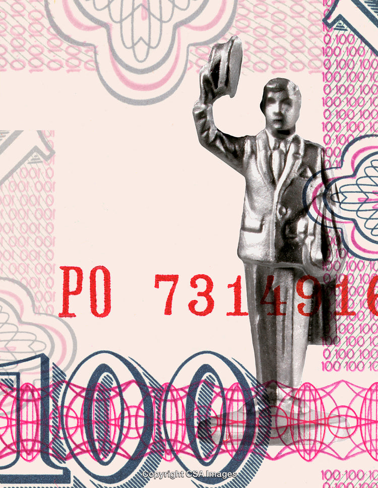 Miniature Silver Man Holding Hat on Currency Background, Symbolizing Finance and Movement