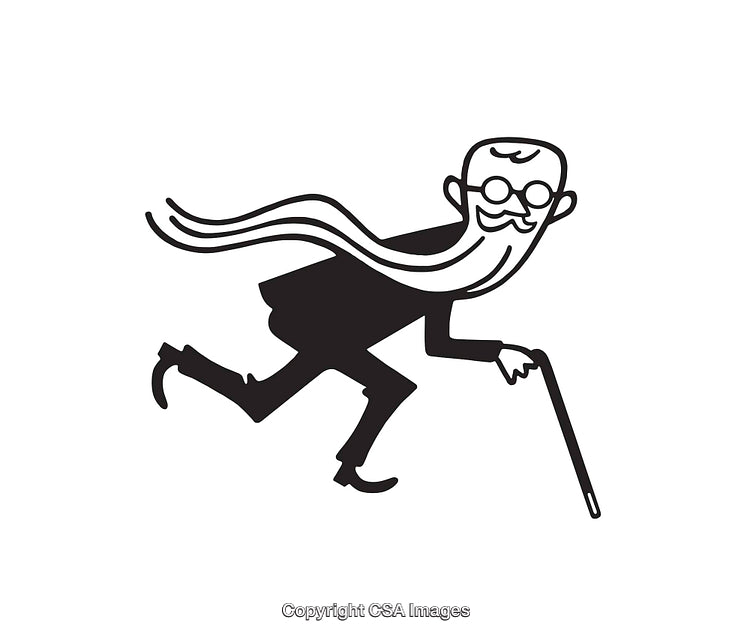 Whimsical Line Art of an Elderly Gentleman with a Scarf and Cane