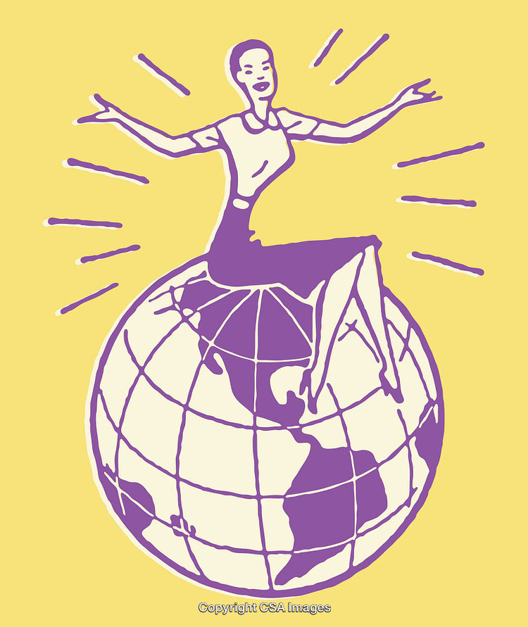 Color Line Art of Woman Sitting on Globe with Yellow Background