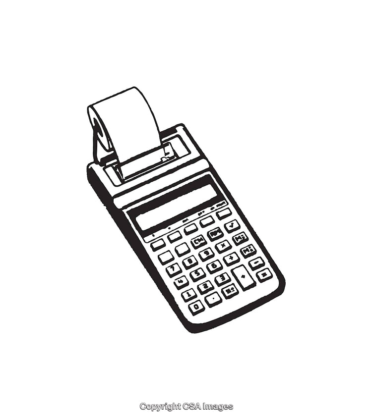 Black and White Illustration of a Calculator with Printer Paper Roll