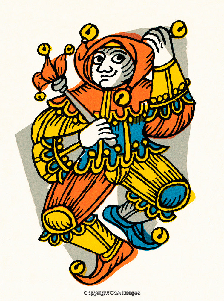 Colorful Medieval Jester Illustration in Traditional Costume Holding a Scepter