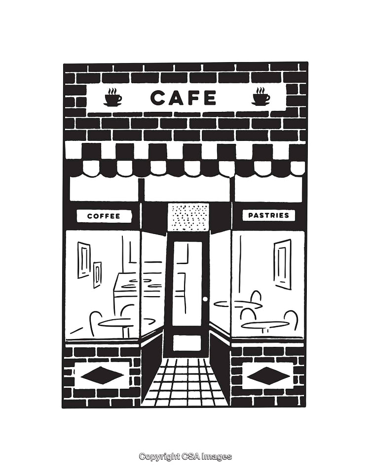 Black And White Illustration of a Cozy Street Cafe Entrance