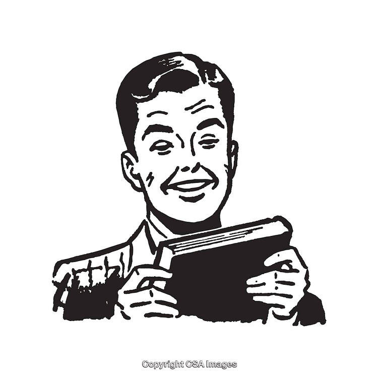 Retro Black and White Illustration of a Smiling Man Holding a Book
