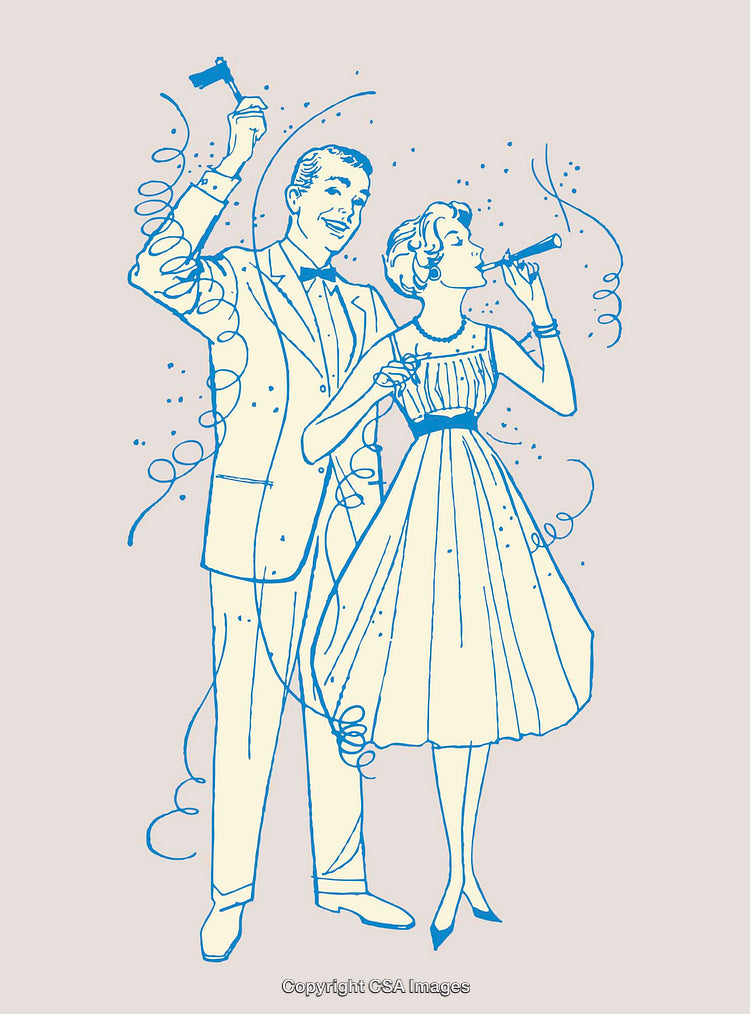 Elegant Couple Celebrating with Party Horns and Streamers in Retro Line Art