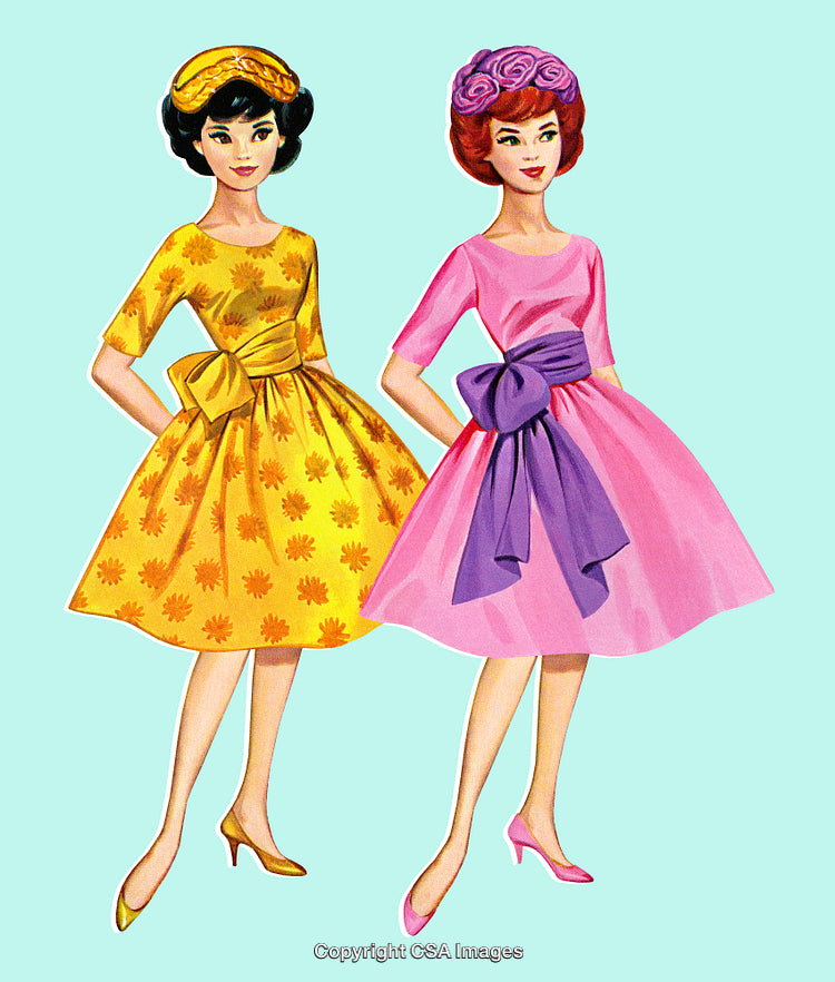 Colorful Vintage Fashion Illustration of Women in Elegant Dresses