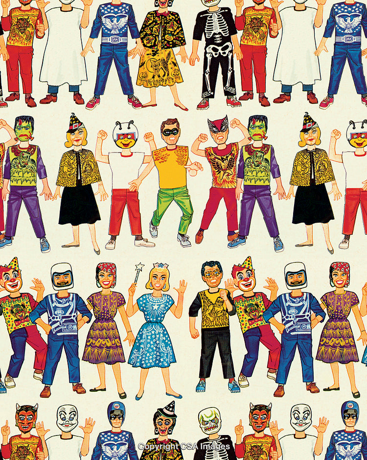 Colorful Vintage Illustration of Halloween Costumed Characters in a Pattern Design
