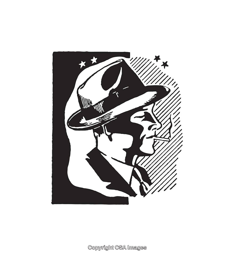 Black and White Illustration of a Retro Character in a Fedora Hat