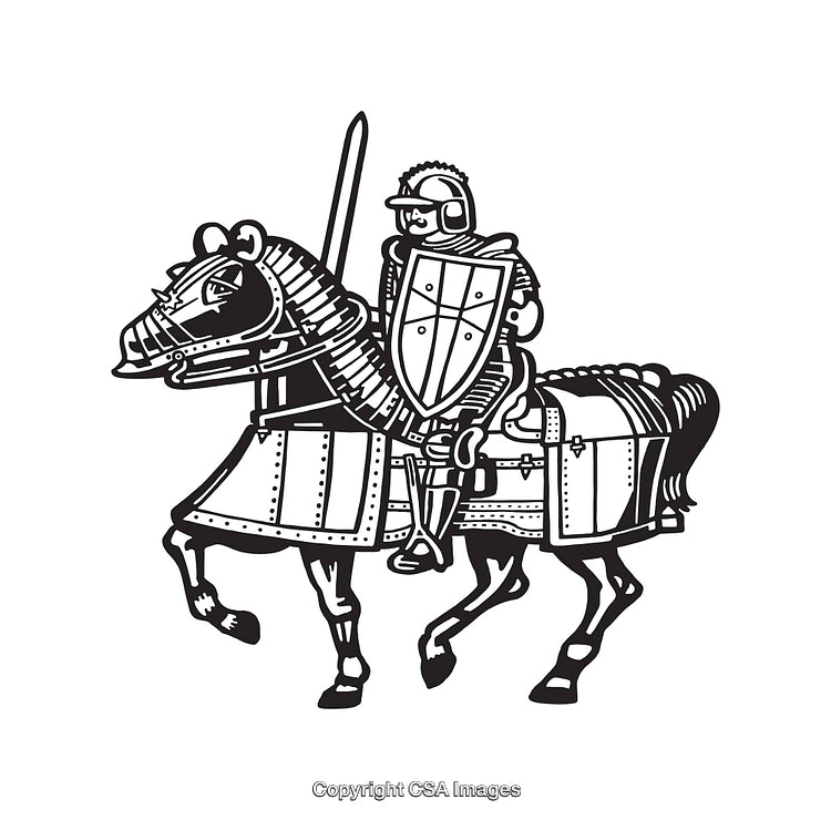 Medieval Armored Knight and Horse in Black and White Illustration