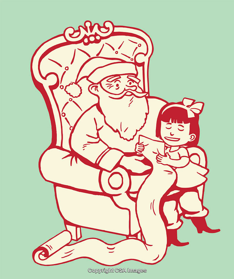 Santa Claus Seated with Child Holding Wishlist in Colorful Line Art