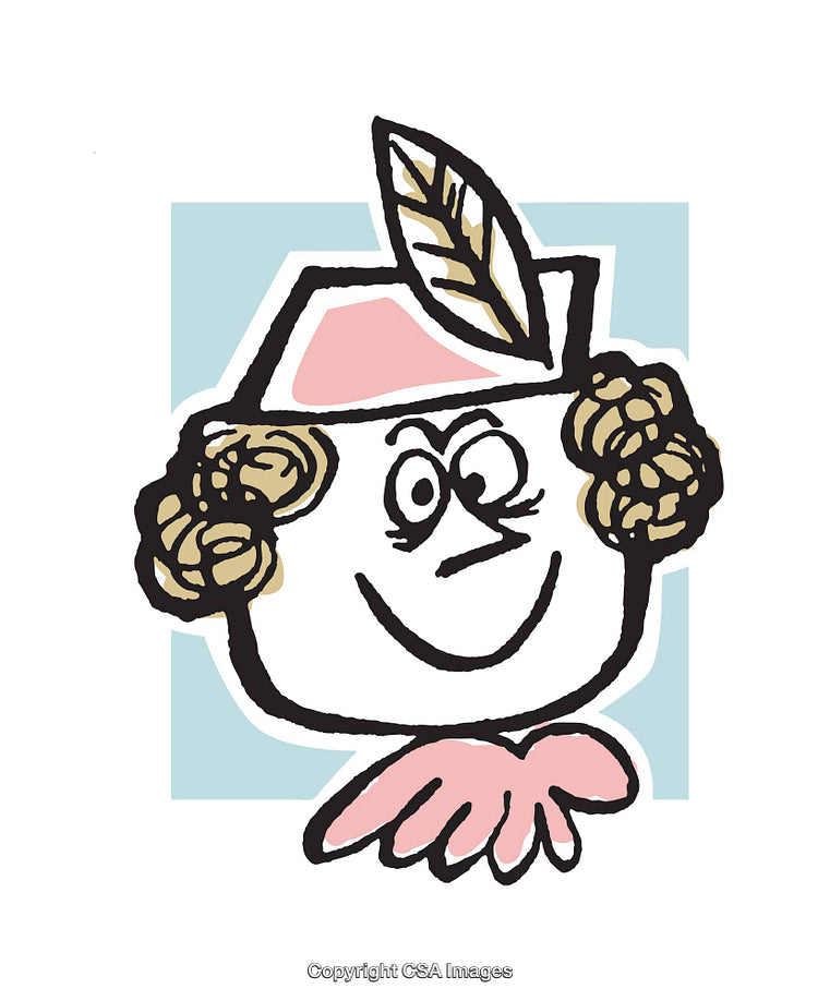 Playful Cartoon Illustration of a Smiling Character with a Feather Hat