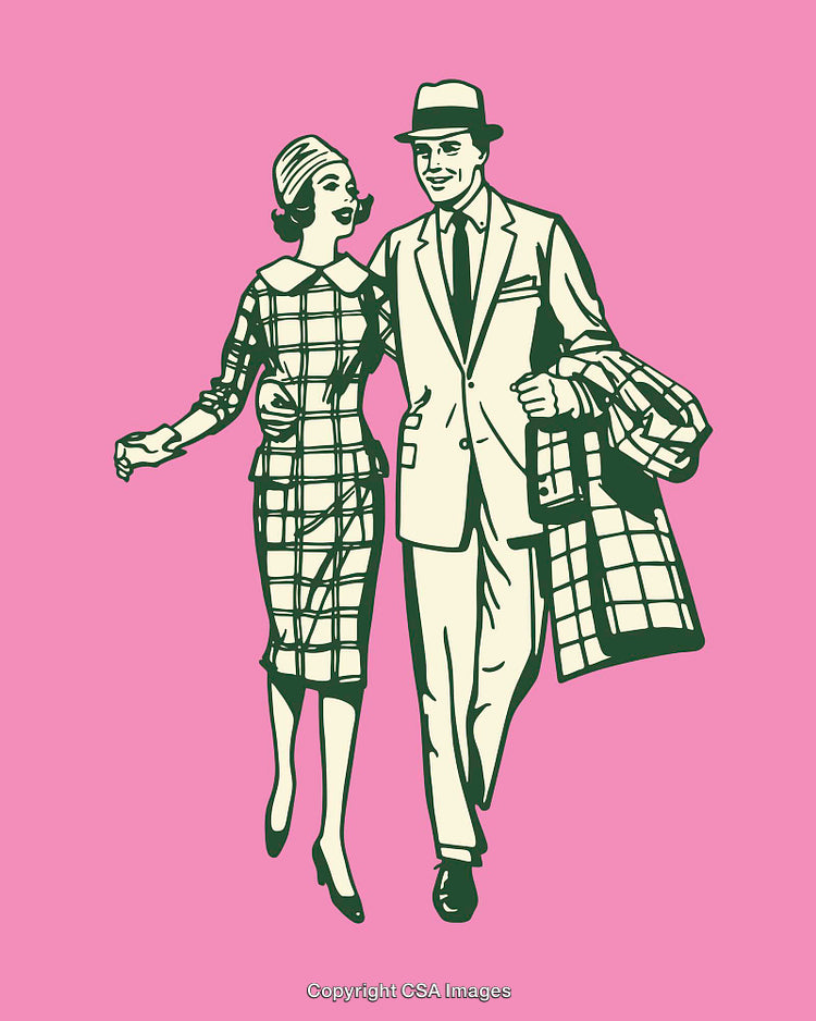 Retro Artwork Depicting Vintage Couple in Formal Attire on Pink Background