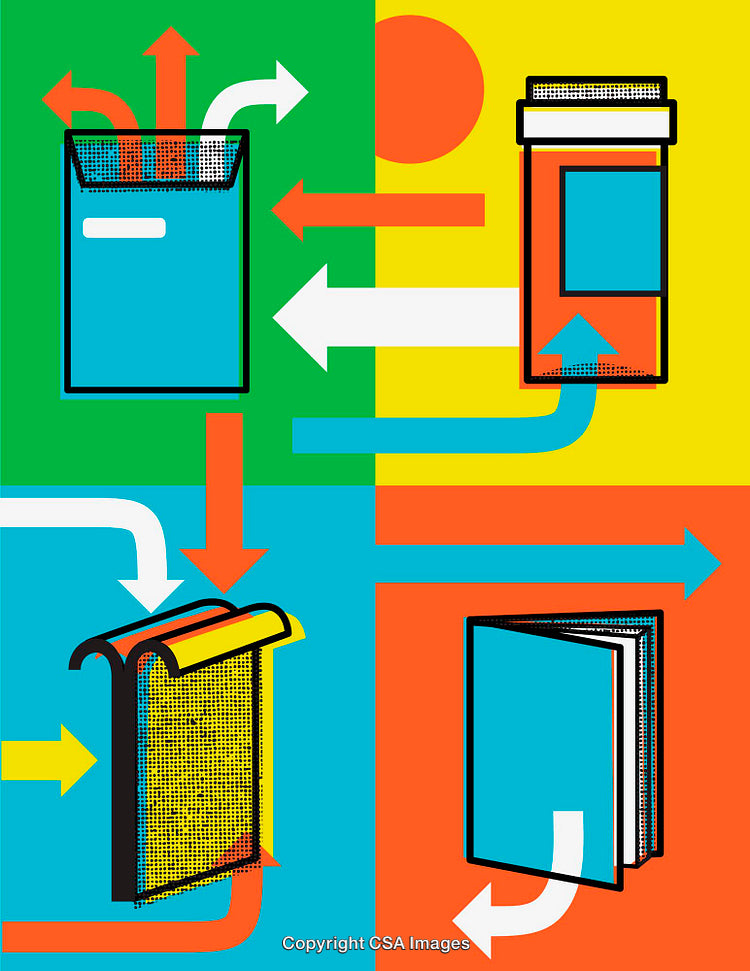 Colorful Line Art Illustrations Featuring Books and Arrows