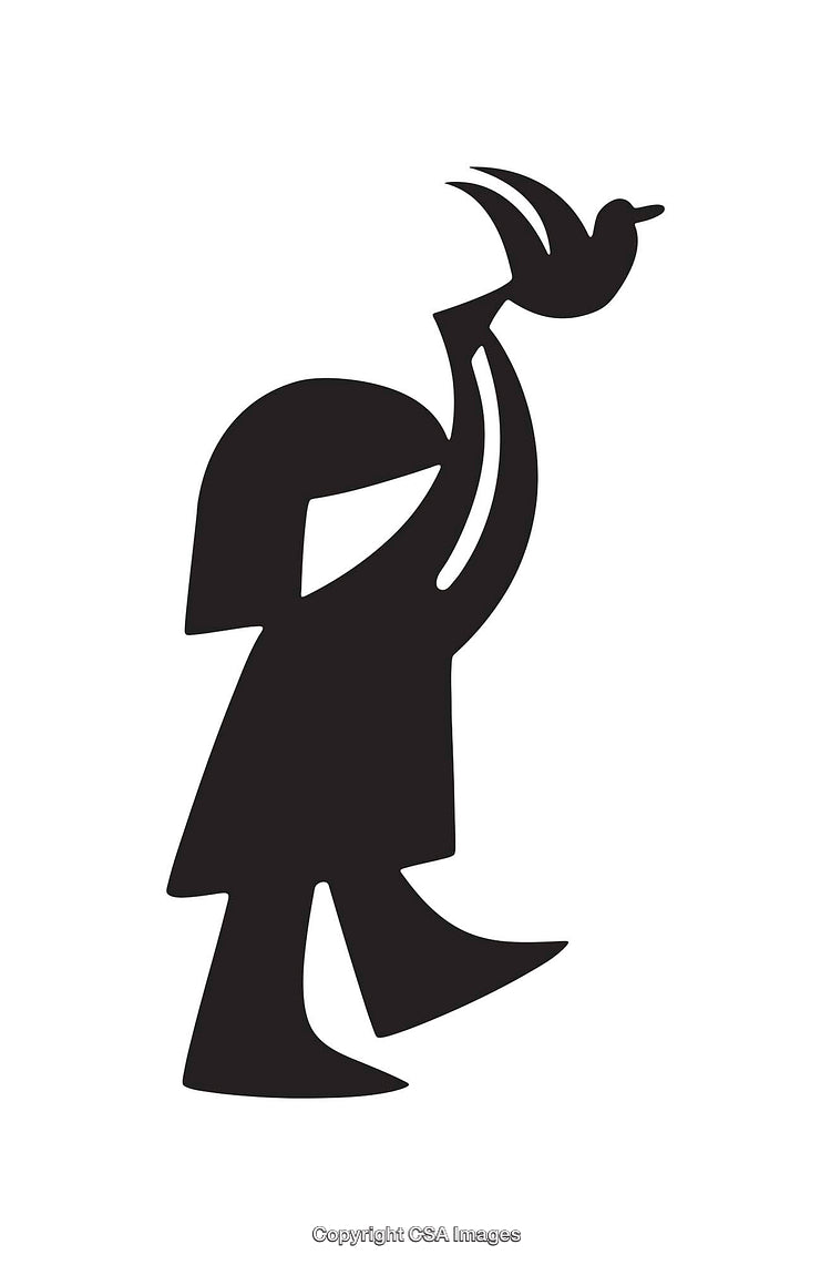 Black and White Icon of a Child Holding a Bird Silhouette