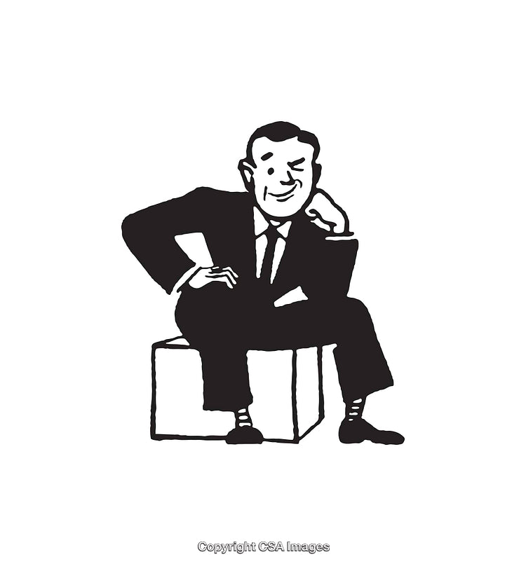Black and White Illustration of a Seated Businessman in Formal Attire