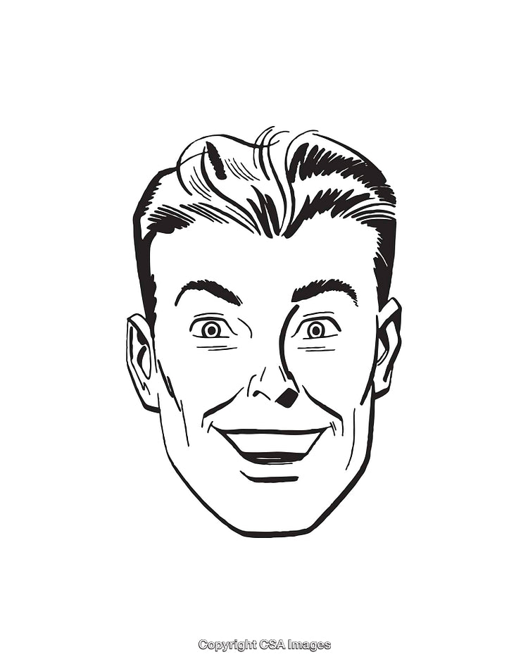 Retro Black and White Smiling Male Line Art Illustration