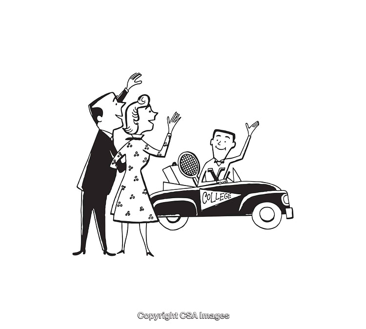 Retro Black and White Illustration of Family Saying Goodbye to Student