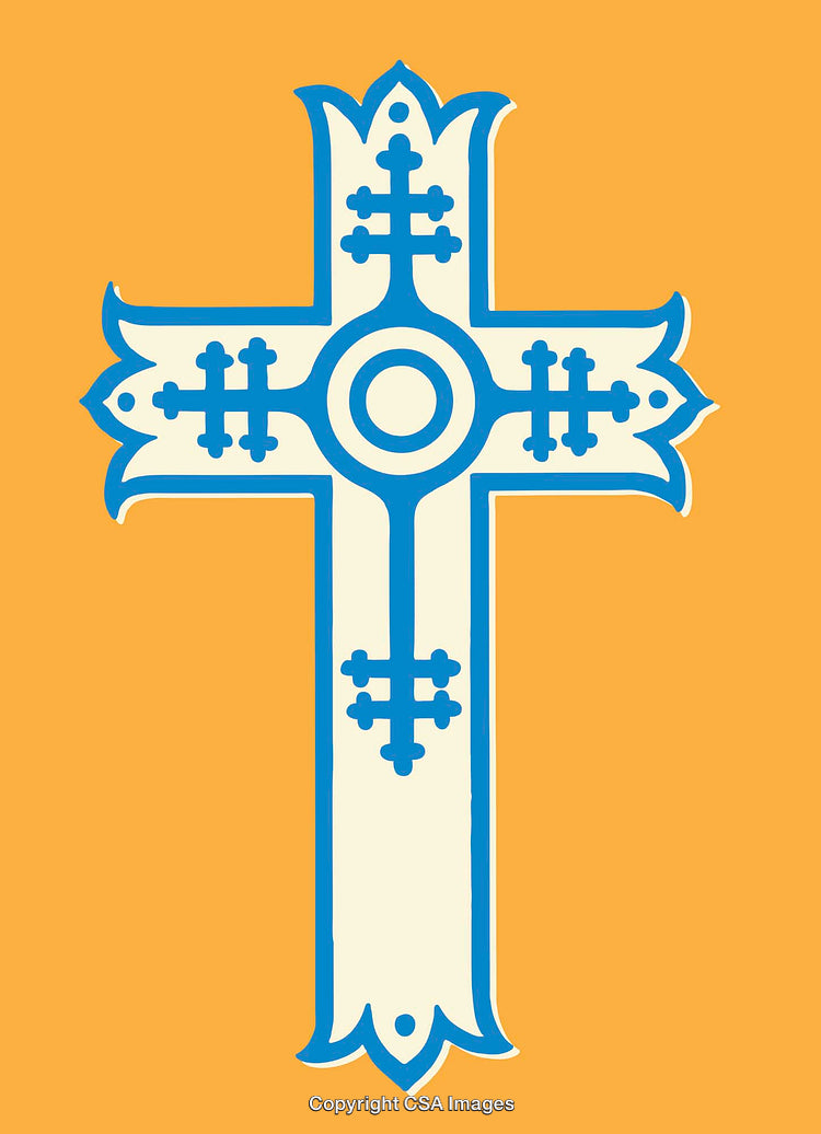 Ornate Blue Cross Illustration on Vibrant Orange Background