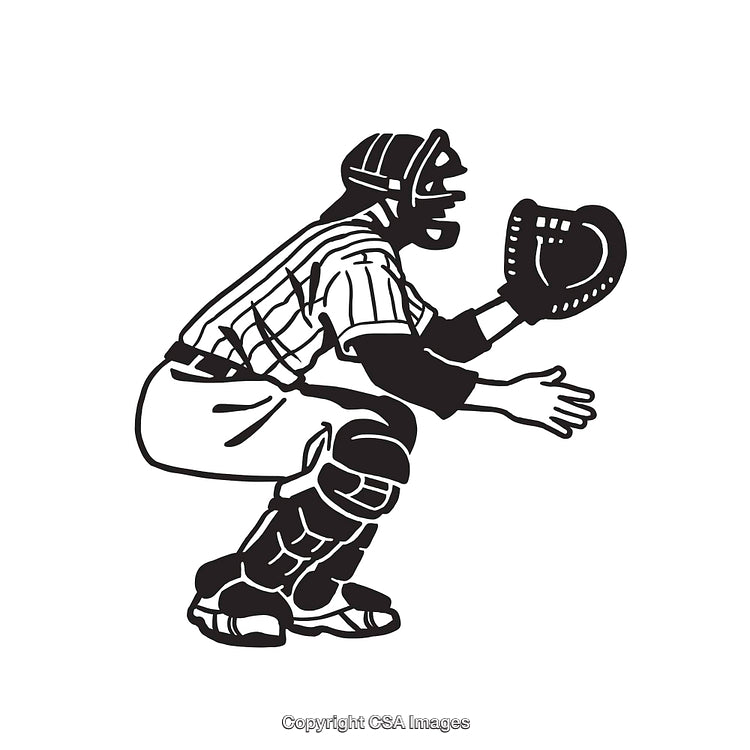 Black and White Illustration of a Baseball Catcher in Action