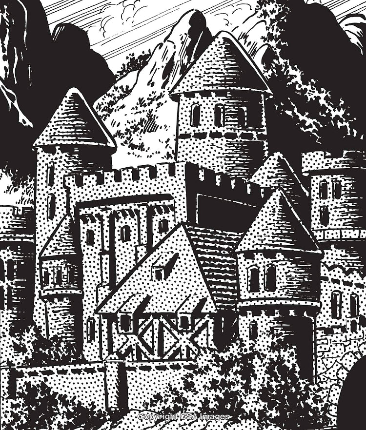 Medieval Castle in Vintage Drawing Style With Scenic Background