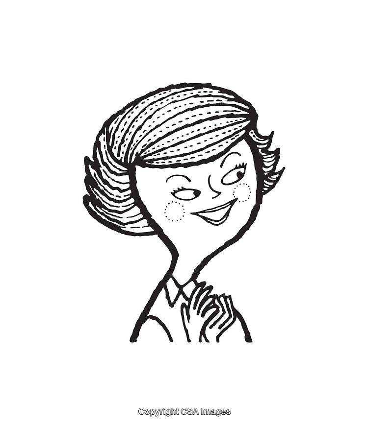 Black and White Line Art of a Woman Smiling with Hands Clasped