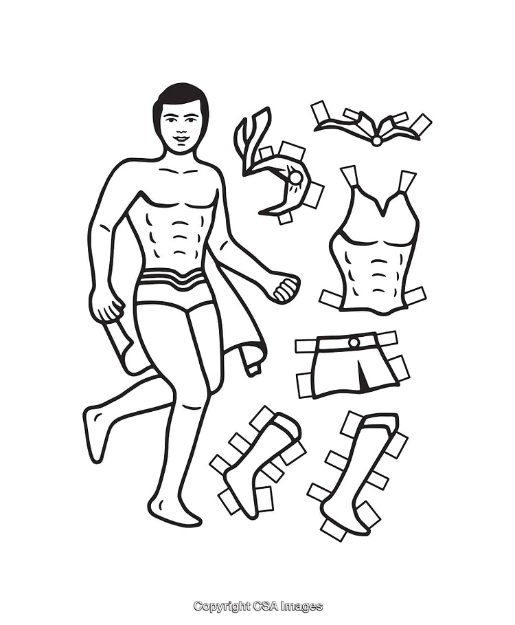 Black and White Line Art Paper Doll with Customizable Outfit Pieces