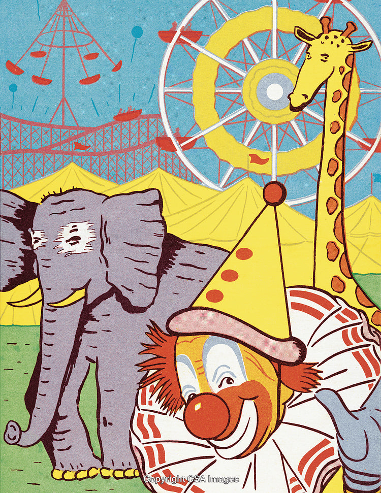 Playful Circus Scene With Elephant, Giraffe, Clown, and Ferris Wheel