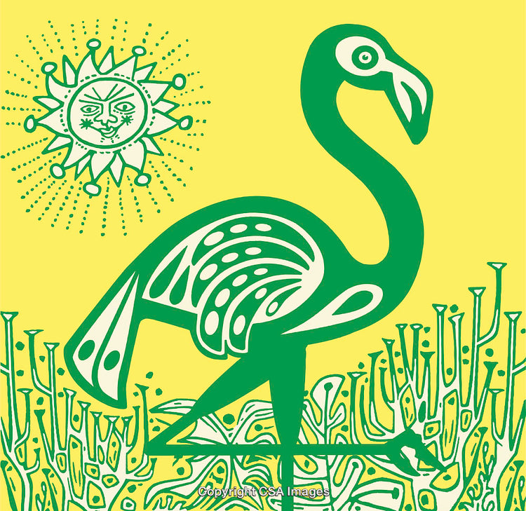 Green Flamingo Abstract Line Art Illustration With Decorative Yellow Background