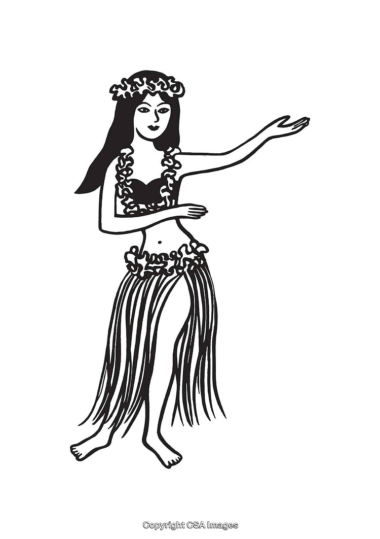 Black and White Line Art of a Traditional Hula Dancer