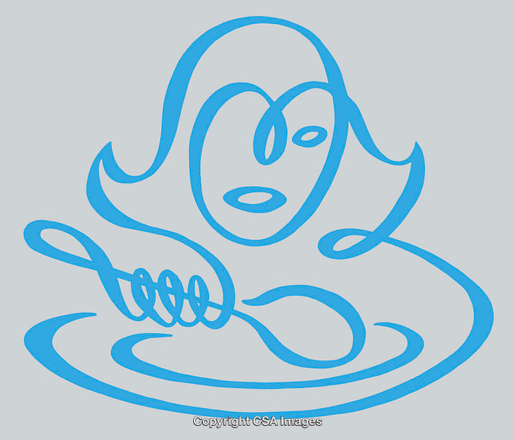 Minimalist Blue Line Art of a Woman Stirring with a Spoon