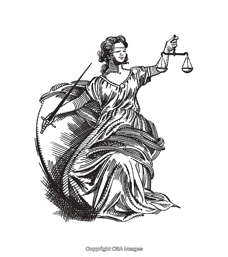 Blindfolded Justice Holding Scales and Sword in Line Art Illustration