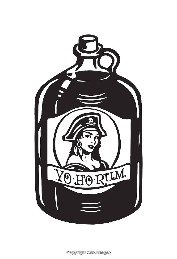 Black and White Line Art Illustration of a Rum Bottle with Pirate Theme