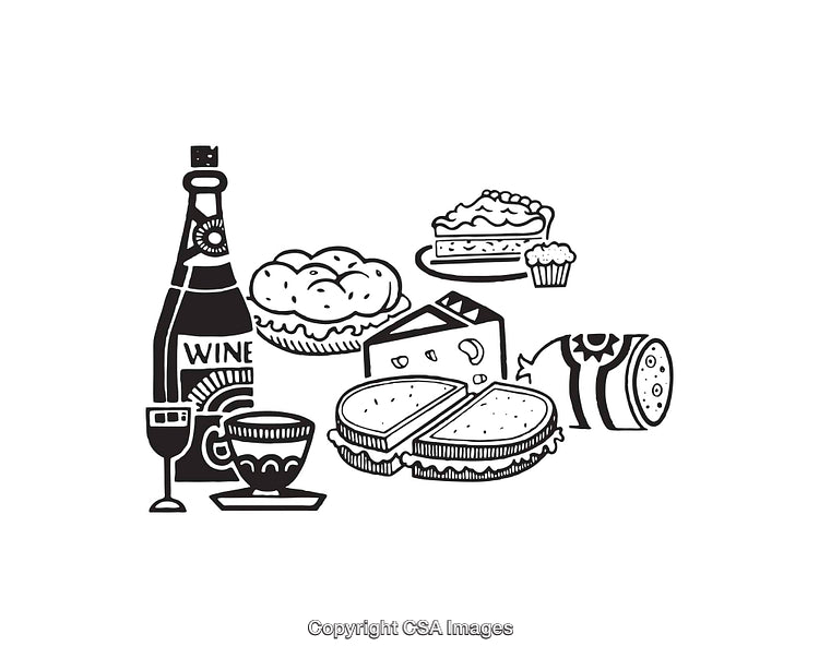 Black and White Line Art Illustrations of Various Food and Beverage Items