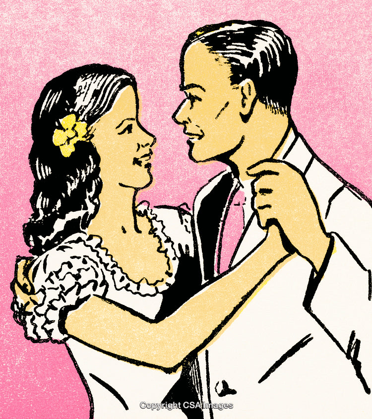 Vintage Comic Style Couple Dancing Illustration on Pink Background
