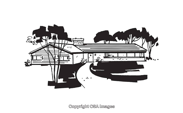 Detailed Black and White Illustration of a Modern House with Trees