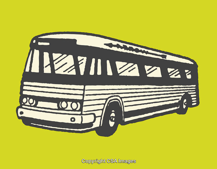 Retro Style Line Art Illustration of a Vintage Bus on Yellow Background