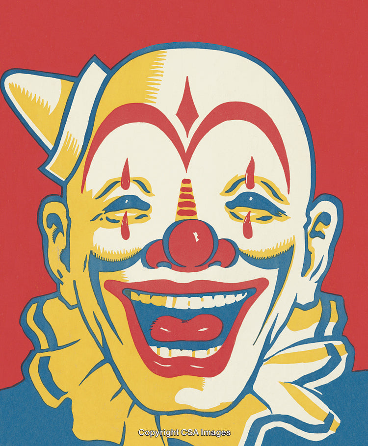 Vintage Clown Illustration with Bold Red, Yellow, and Blue Colors