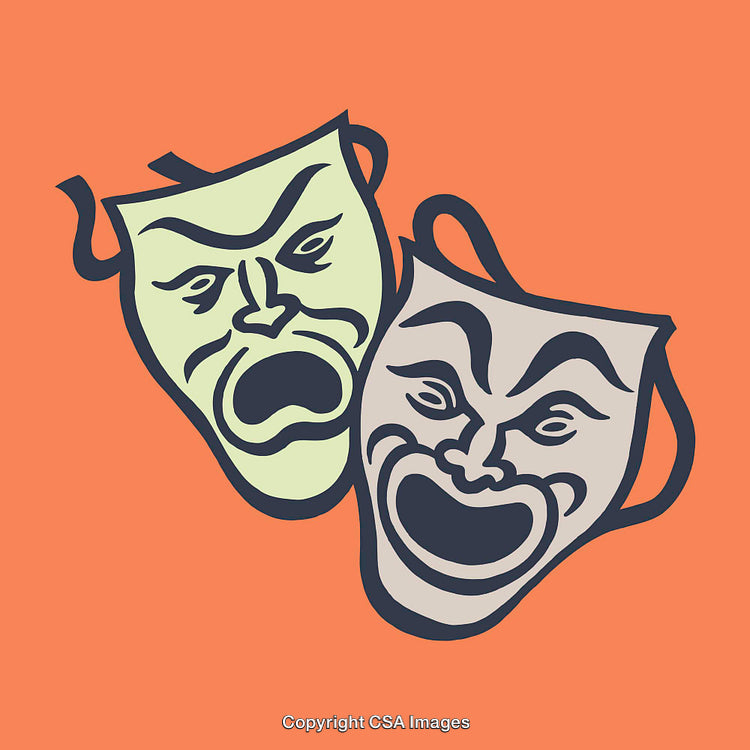 Theatrical Comedy and Tragedy Masks Line Art on Orange Background