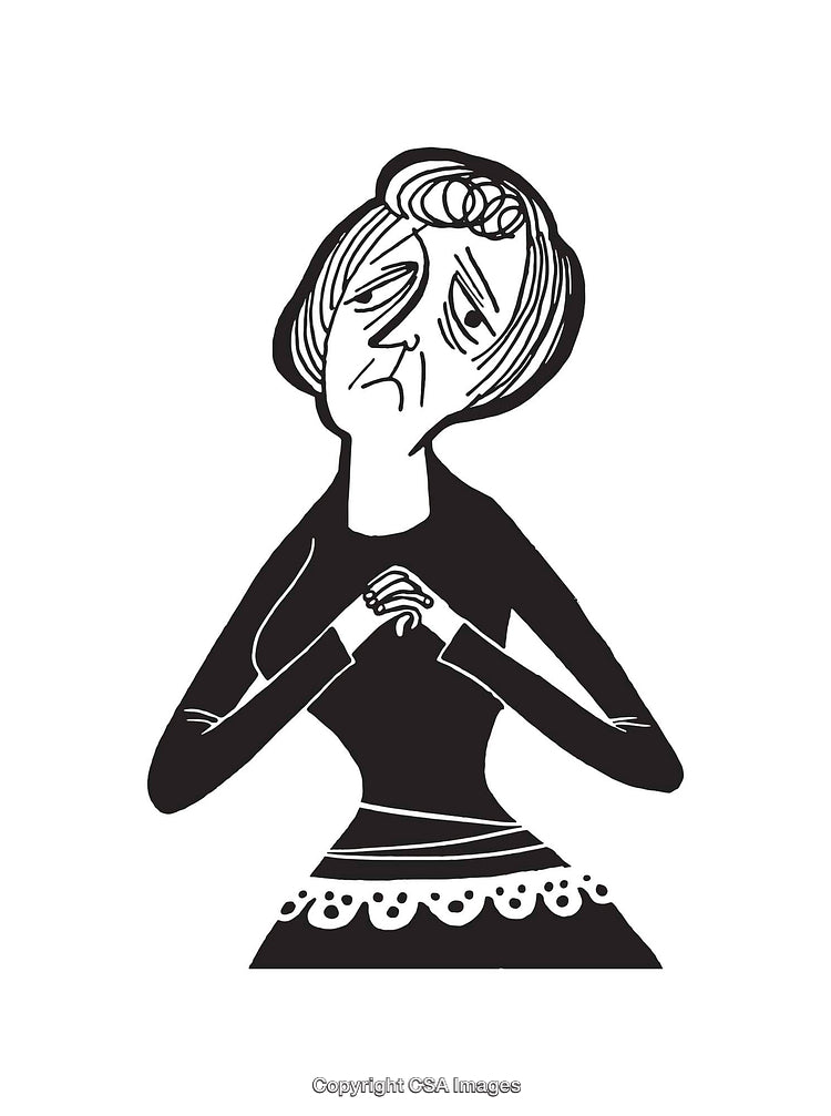 Black And White Illustration of a Pensive Woman in Thoughtful Pose
