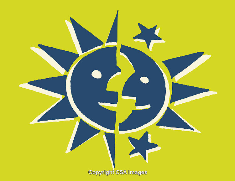 Symbolic Sun and Moon Illustration with Bright Yellow Background