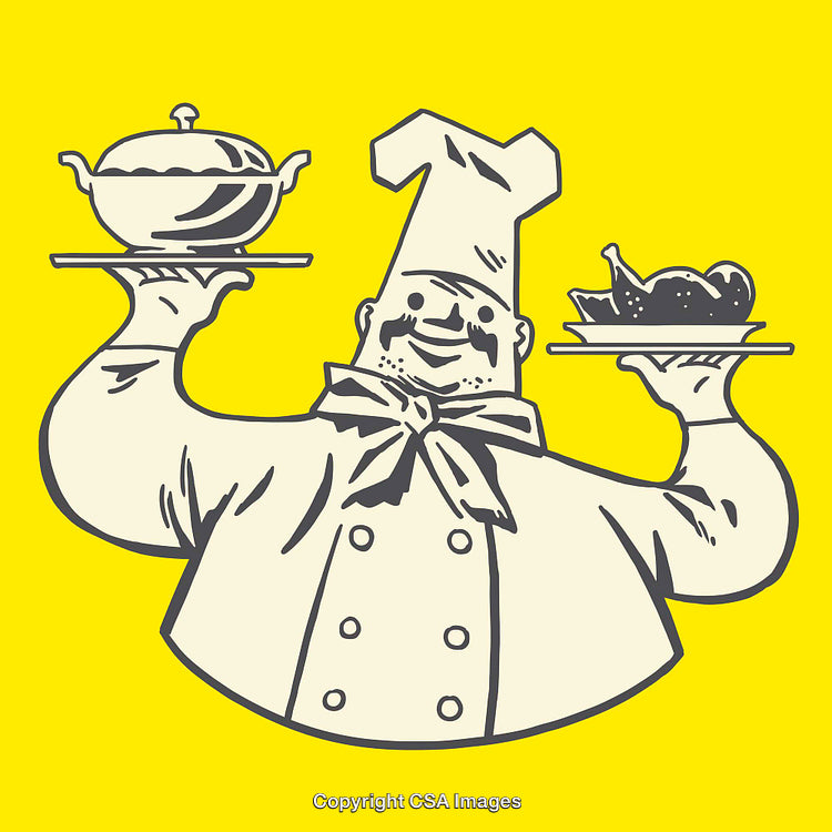 Smiling Chef Holding Dishes in Yellow Background Cartoon Illustration