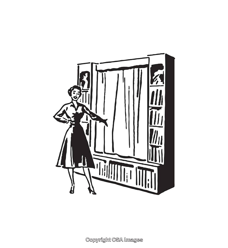 Retro Illustration of a Woman Showcasing a Vintage Bookcase in Line Art Style