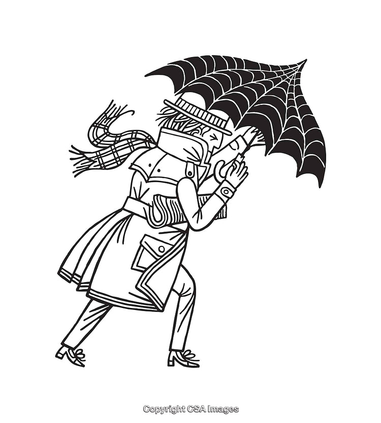 Line Art of Person Battling Winds with Umbrella and Scarf