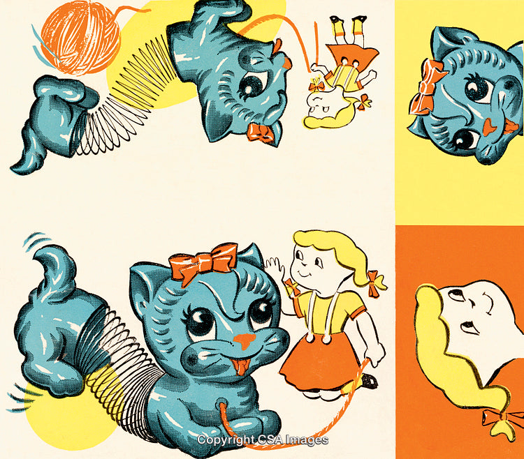 Vintage Inspired Illustration With Playful Kitten Toy and Child